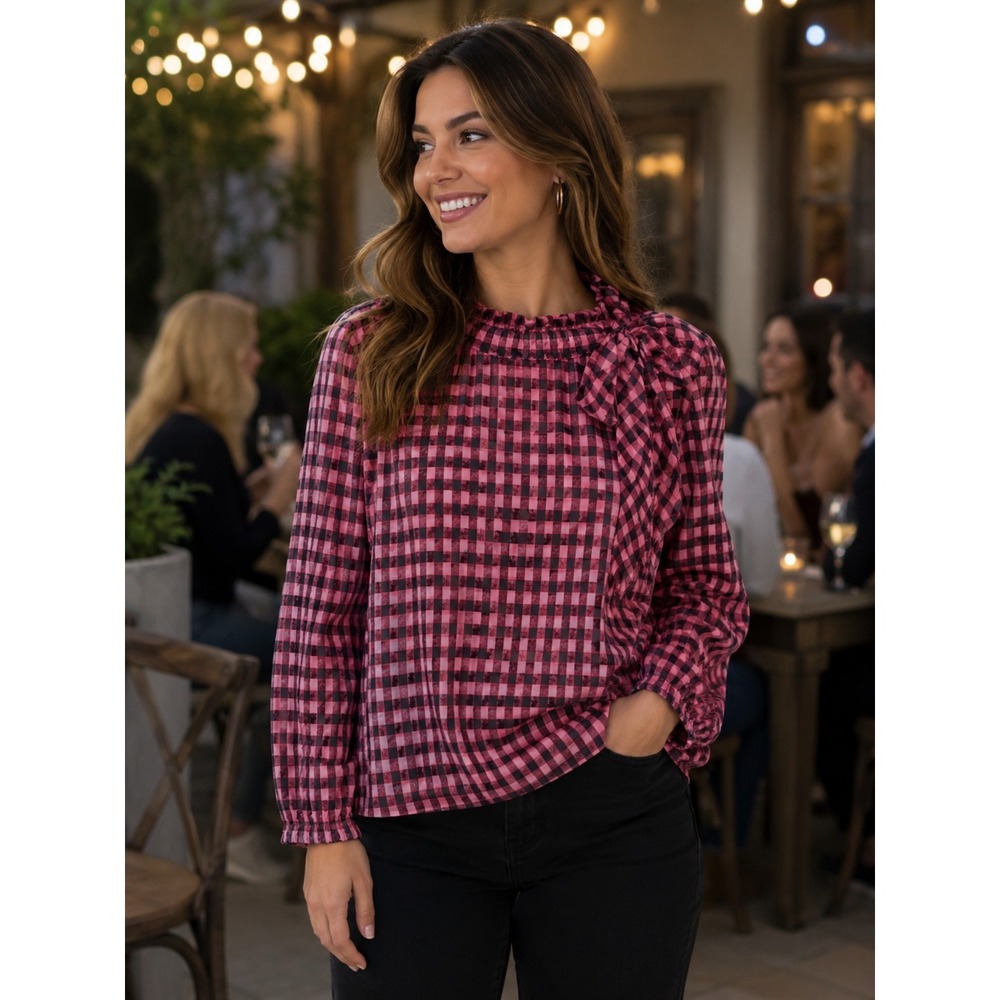 SARA CAMPBELL Women's XS Pink And Black Plaid‎ Bow Collar Top -1340